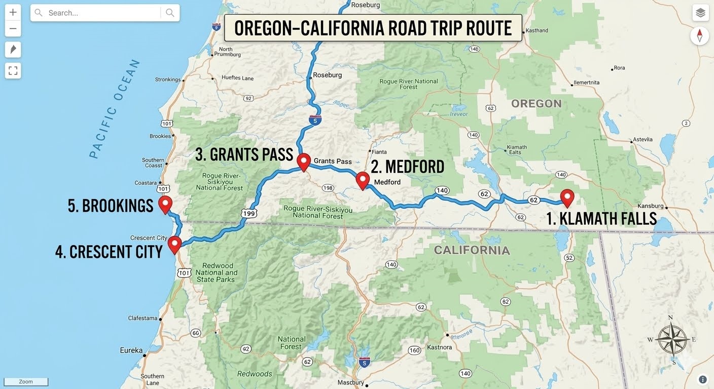 Map of the SouthWest Point route and surrounding destinations